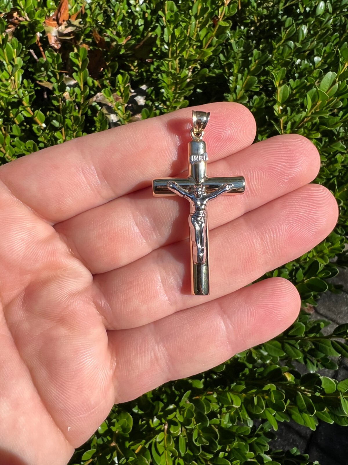 Pre-owned Harlembling Large 1.85" Real 14k Yellow & White Gold Cross Jesus Crucifix Pendant Necklace