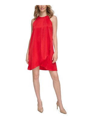 Женское красное атласное платье-сорочка CALVIN KLEIN без подкладки сзади с подолом в виде тюльпана без рукавов 14