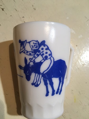 Vintage Hazel Atlas Child’s Milk glass Mug Cup White Blue Clowns Donkey Nice