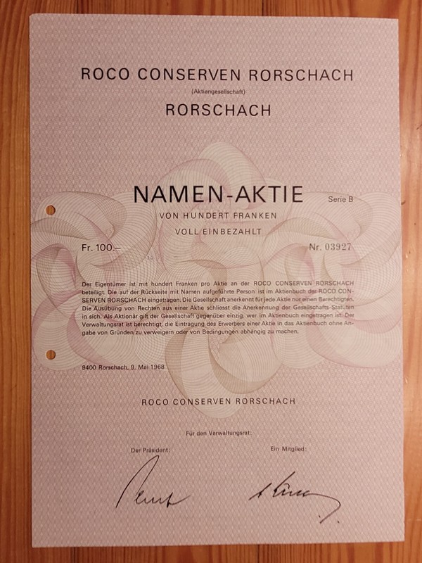 Ch: Roco Conserven Ag, Rorschach, 1968, 100 Franken, Nahrungsmittel*