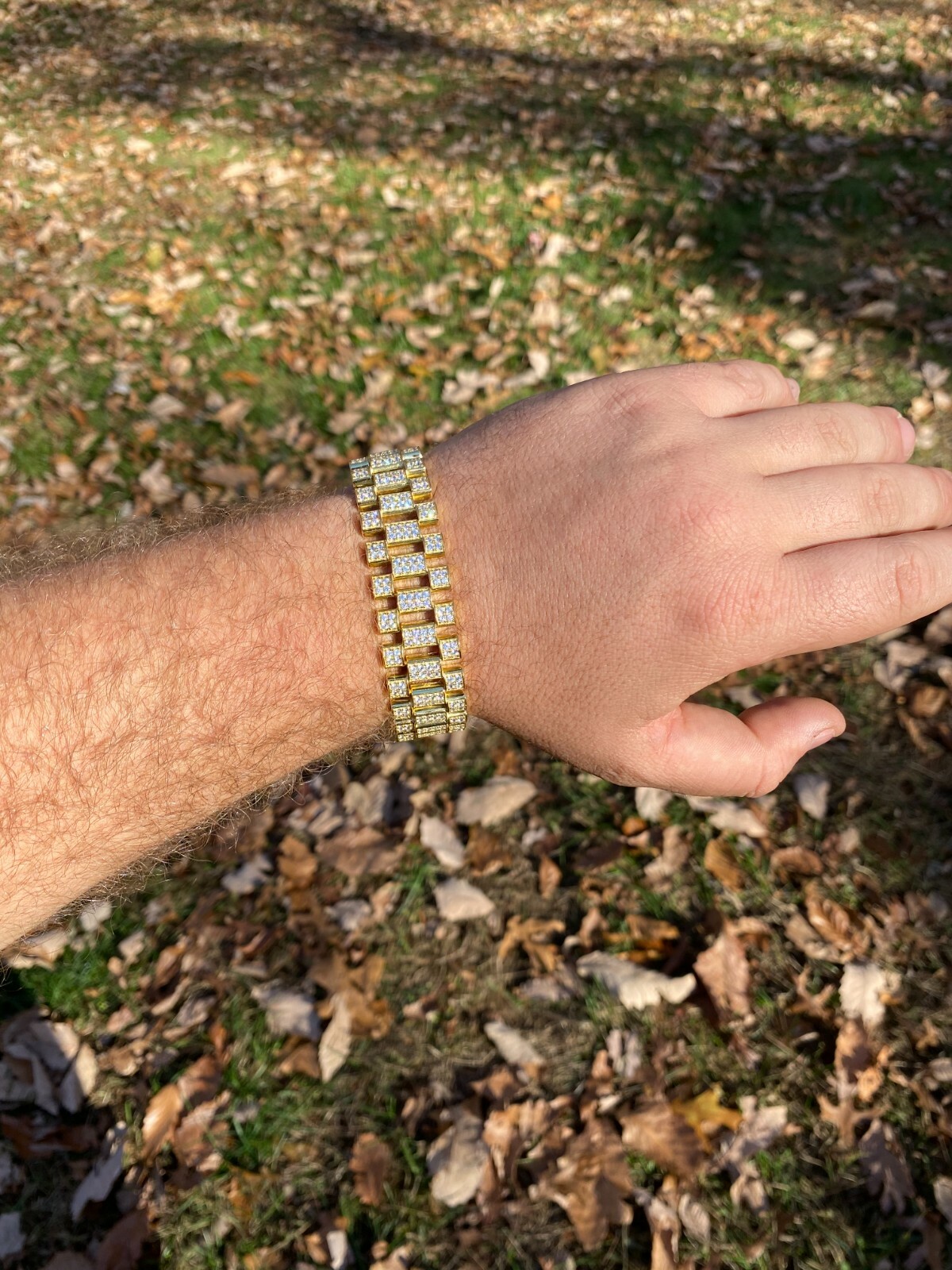 Pre-owned Silver Mens 14k Gold Plated Solid 925 Sterling  20mm Big Presidential Bracelet Cz