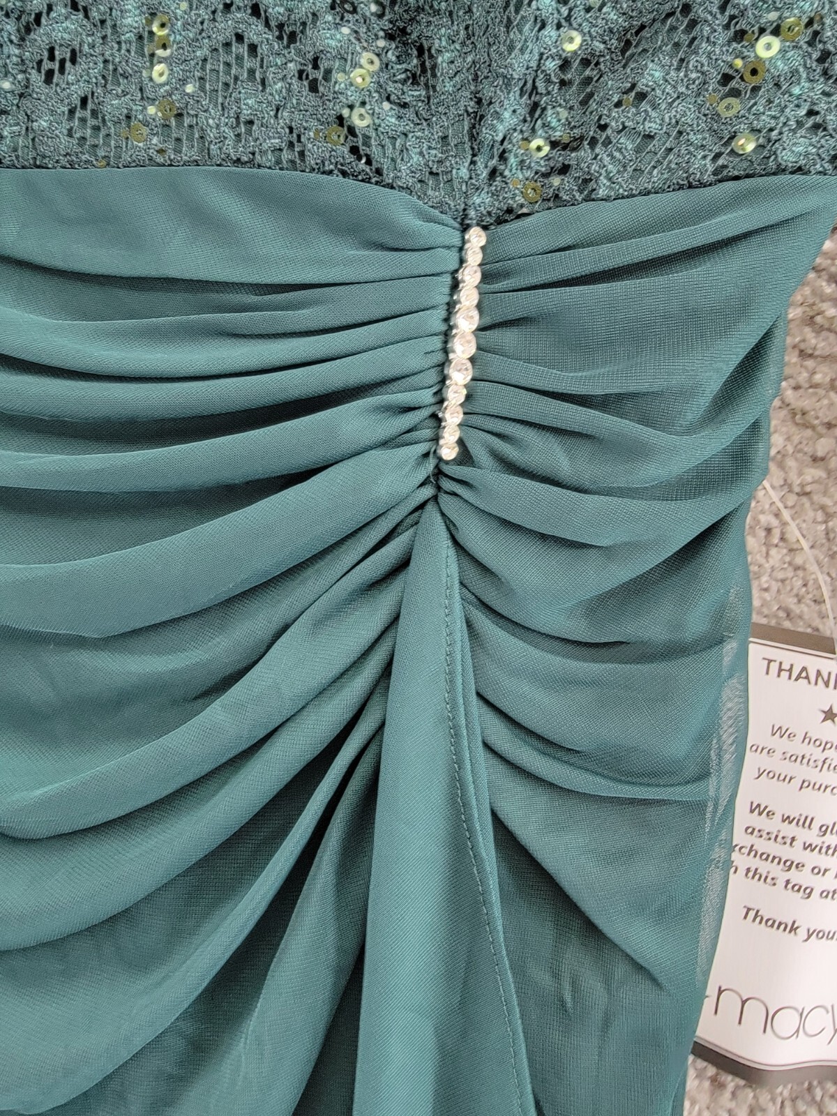 Betsy & Adam Lace-Top Waterfall-Detail Gown Women's 8 Pine Back Zip Closure - Picture 8 of 18