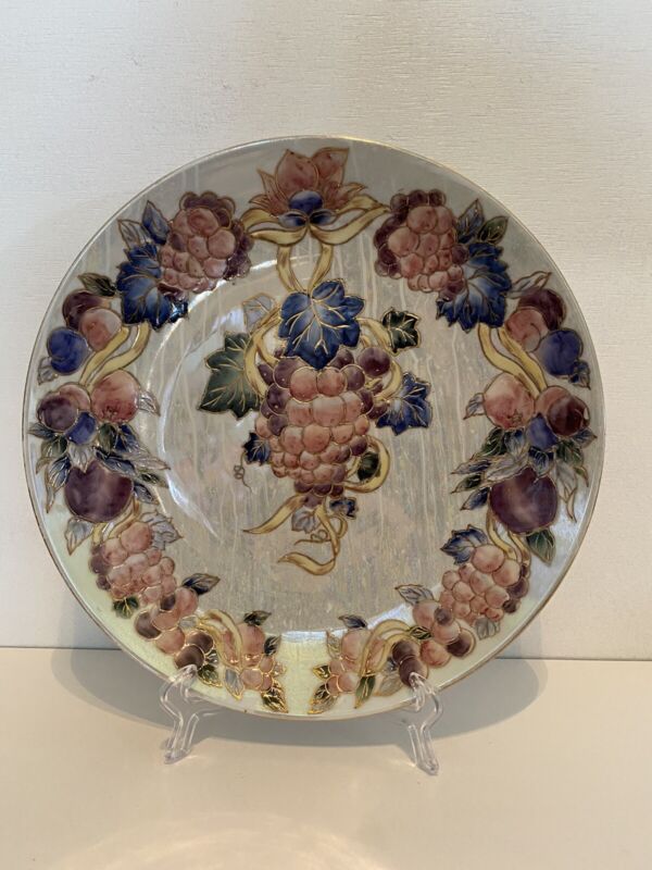 Vintage Hand Painted Opalescent Decorative Porcelain Plate Grapes & Leaves 