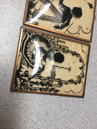 2 vintage Children reverse painted convex glass silhouette pictures Kite Garden