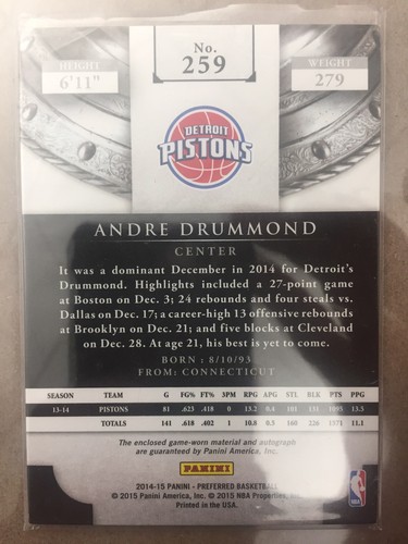 2014-15 Panini Crown Royale Silhouettes Auto Jersey Andre Drummond 22/35 Pistons