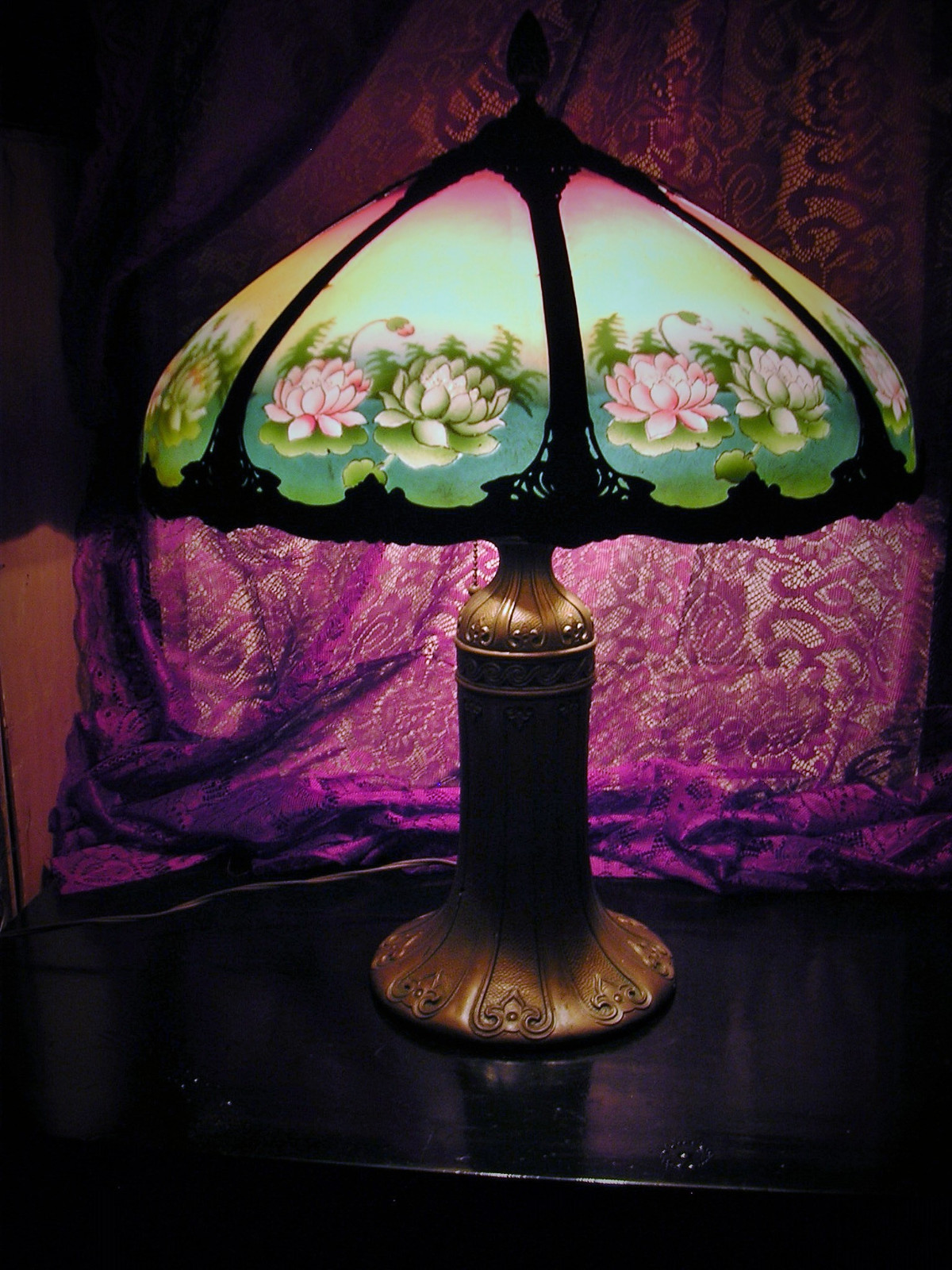 HUGE! Antique c1920 Pittsburgh Reverse Painted Lamp~8 Panel