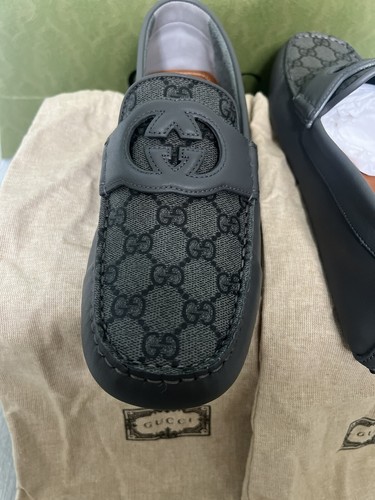 Pre-owned Gucci Interlocking Logo Grey Rare Leather Men's Driver Loafer Shoes 9.5 Us-10 In Gray