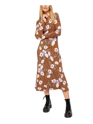 

FREE PEOPLE Женское коричневое платье миди с длинными рукавами и круглым вырезом с круглым вырезом для юниоров, Коричневый