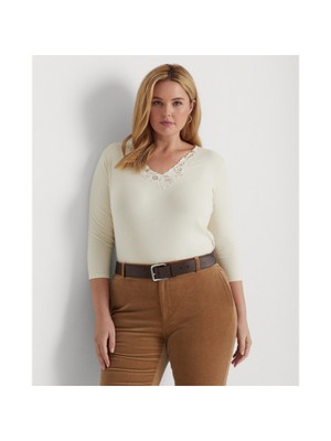 

LAUREN RALPH LAUREN Женский бежевый топ с рукавами 3/4 и V-образным вырезом для работы Plus