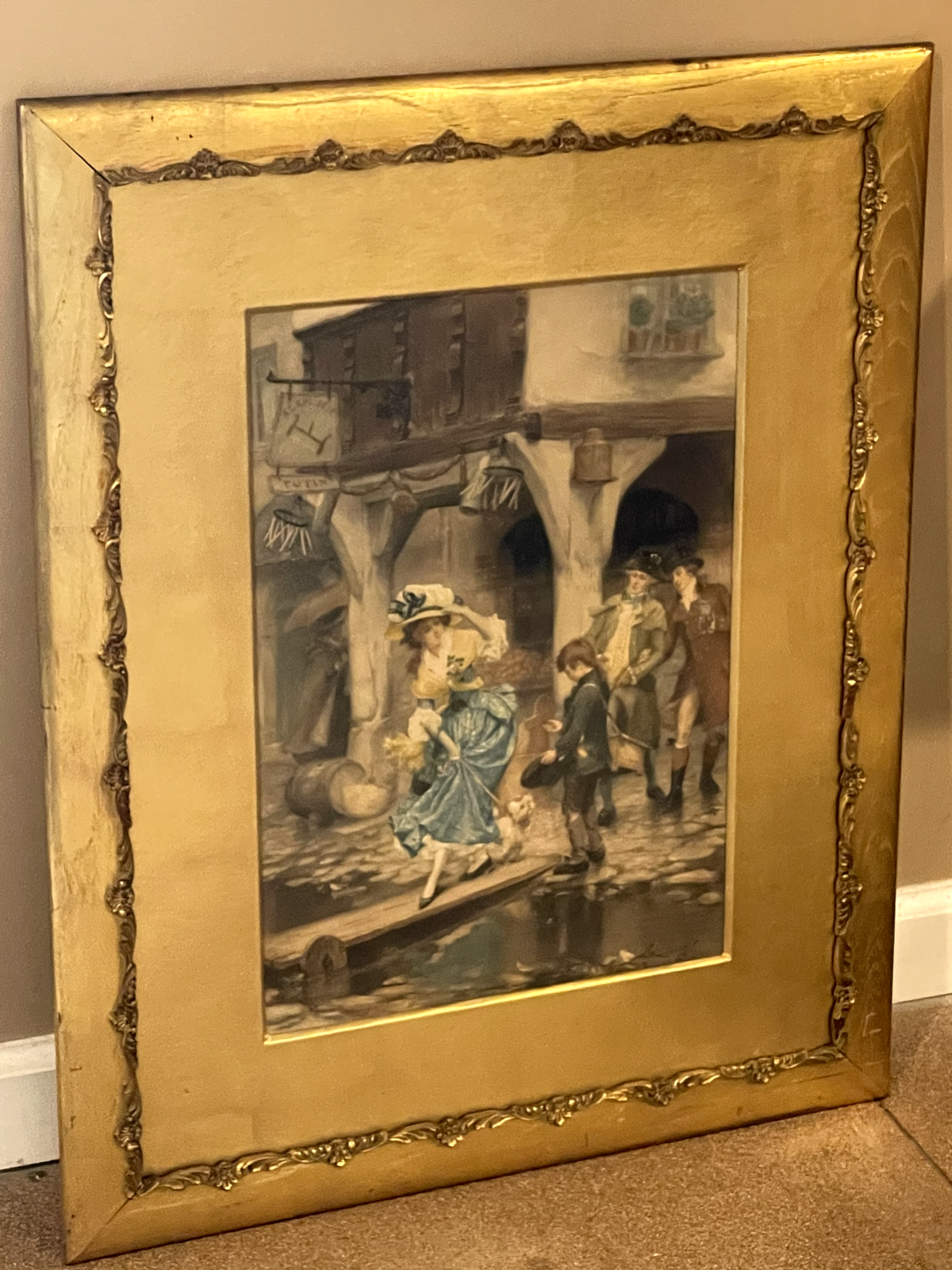 PIERRE OUTIN  Little Beggar  lithographs coloured Print Art Picture Gold Frame