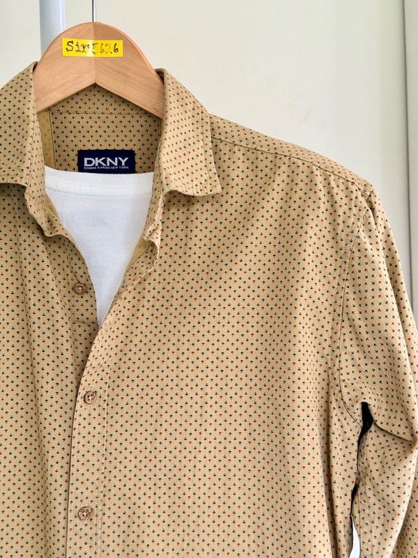 DKNY Donna Karan  Long Sleeve Button Down Shirt in Tan with Geometric Print
