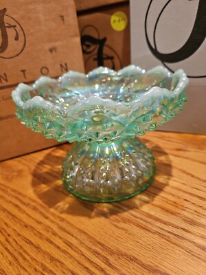 NEW Fenton Willow Green Hobnail Iridescent Opal Footed Candle Bowl 95th an. A210