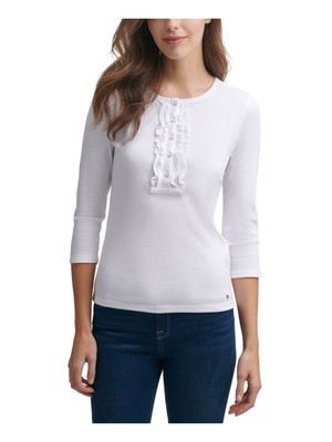 

TOMMY HILFIGER Женский белый топ из хлопковой смеси с рюшами на пуговицах с рукавами 3/4, размер