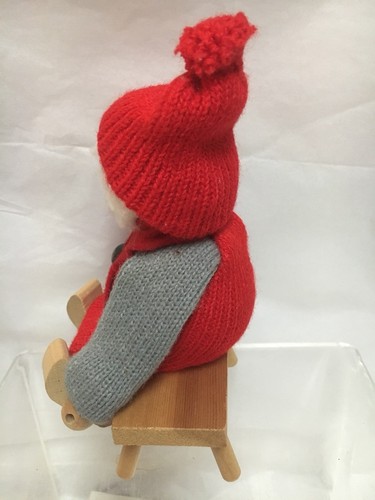 Made in Sweden MRS. SANTA CLAUS Knit Dress and Hat SITTING on a WOODEN BENCH