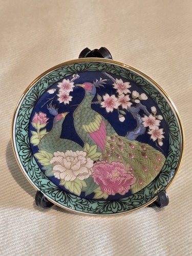 Miniature Mini 2" Porcelain Plates w/Stand Peacock design Made in Japan Set of 4