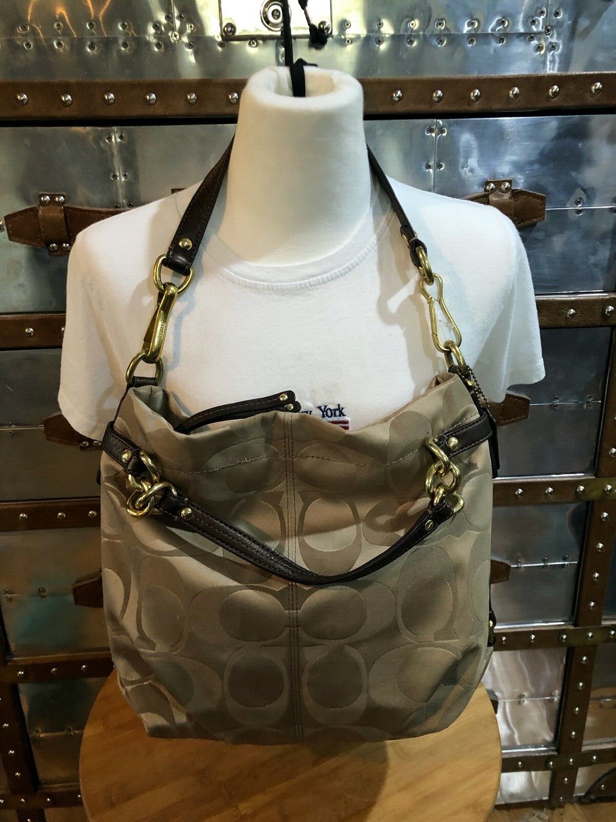 COACH Khaki Bronze Signature Sateen Brooke Shoulder Satchel