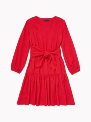 

TOMMY HILFIGER Женское красное платье с длинными рукавами и V-образным вырезом до колена + расклешенное платье, Красный