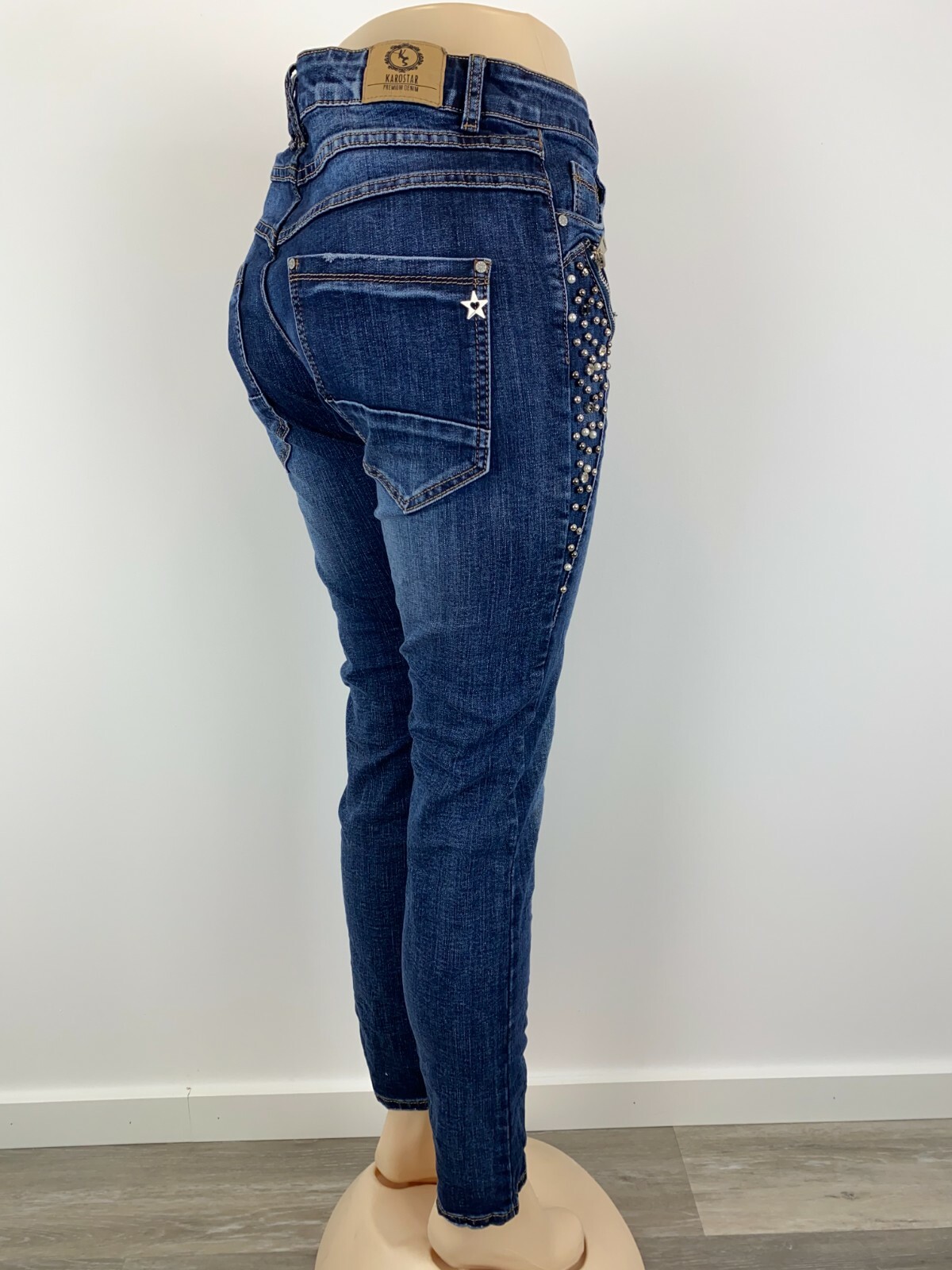 Damen Jeans Karostar Blau Strass Perlen Reißverschluss (ähnl. Jewelly Lexxury)
