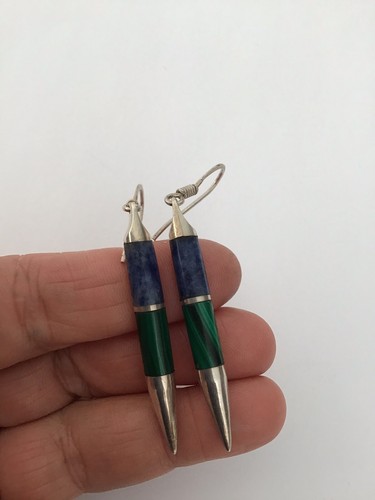 Vintage Taxco Heavy Sterling Silver Sodalite Malachite Spike Earrings 17.6Gr Euc