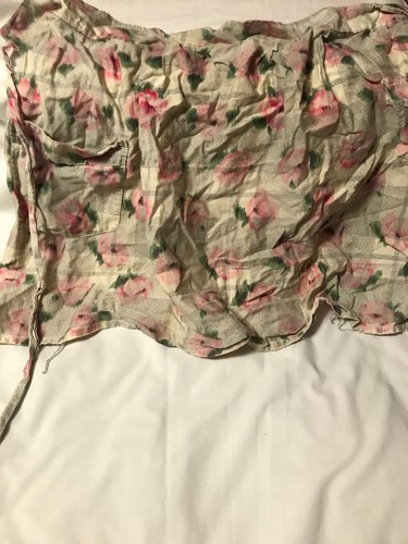 Vintage 1950 's Flowers Pink Grey Half Apron Cotton Pocket