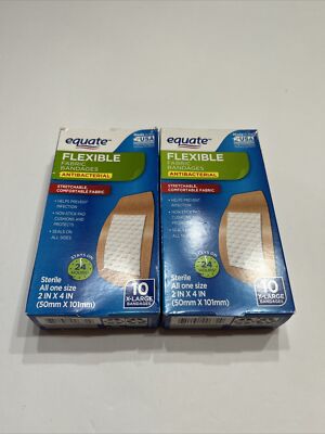 Equate Flexible Fabric Bandages Antibackterial X-Large 2''x4'' 10 Ct Bandages 2 Pk
