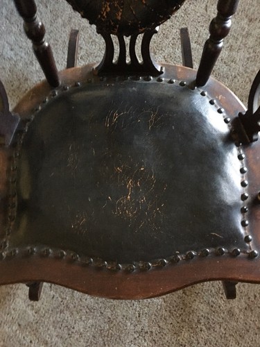 Antique Vintage Ornate Wood Rocker Leather Upholstered Seat & Back