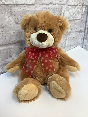 Carmelot Plush Teddy Bear Tan 10  By Russ Berrie Red Ribbon With White Hearts