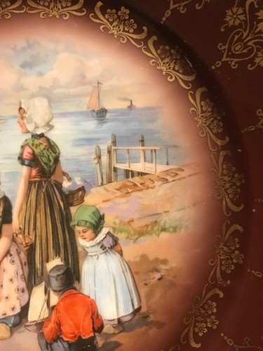 Antique Royal Vienna Hand Painted Plate Dutch Windmill Sail Boat Woman Children