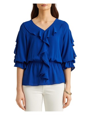 

RALPH LAUREN Женский темно-синий присборенный многоуровневый топ с разрезом и рукавами 3/4, размер, Navy