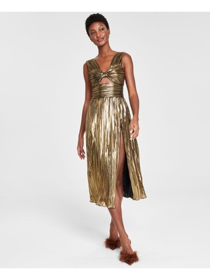 AVEC LES FILLES Womens Gold Cutout Bow Hi-slit Lined Sleeveless Midi Dress 10