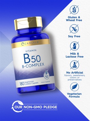 Vitamin B-50 Complex | 180 Caplets | Vegetarian, Non-GMO | by Carlyle