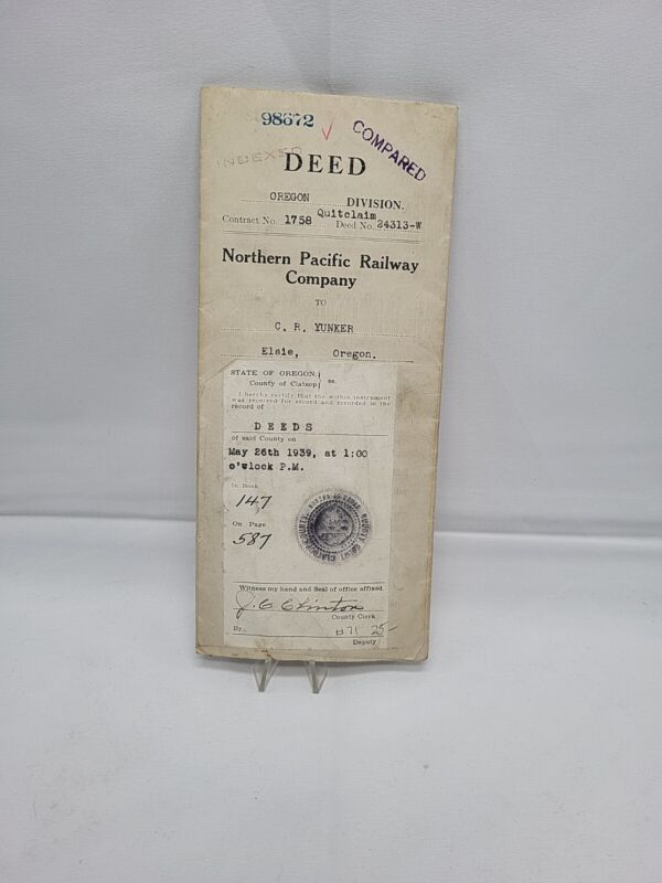 Vintage 1939 Northern Pacific Railroad Land Deed C.R.YUNKER CLATSOP CO OREGON