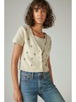 Женский кардиган LUCKY BRAND с бежевой отделкой, коротким рукавом и V-образным вырезом, застегивающийся на пуговицы S