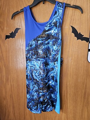 Danskin Now Biketard Leotard Bodysuit Bike Leg Silky Blue Geometric Nwt Gym 