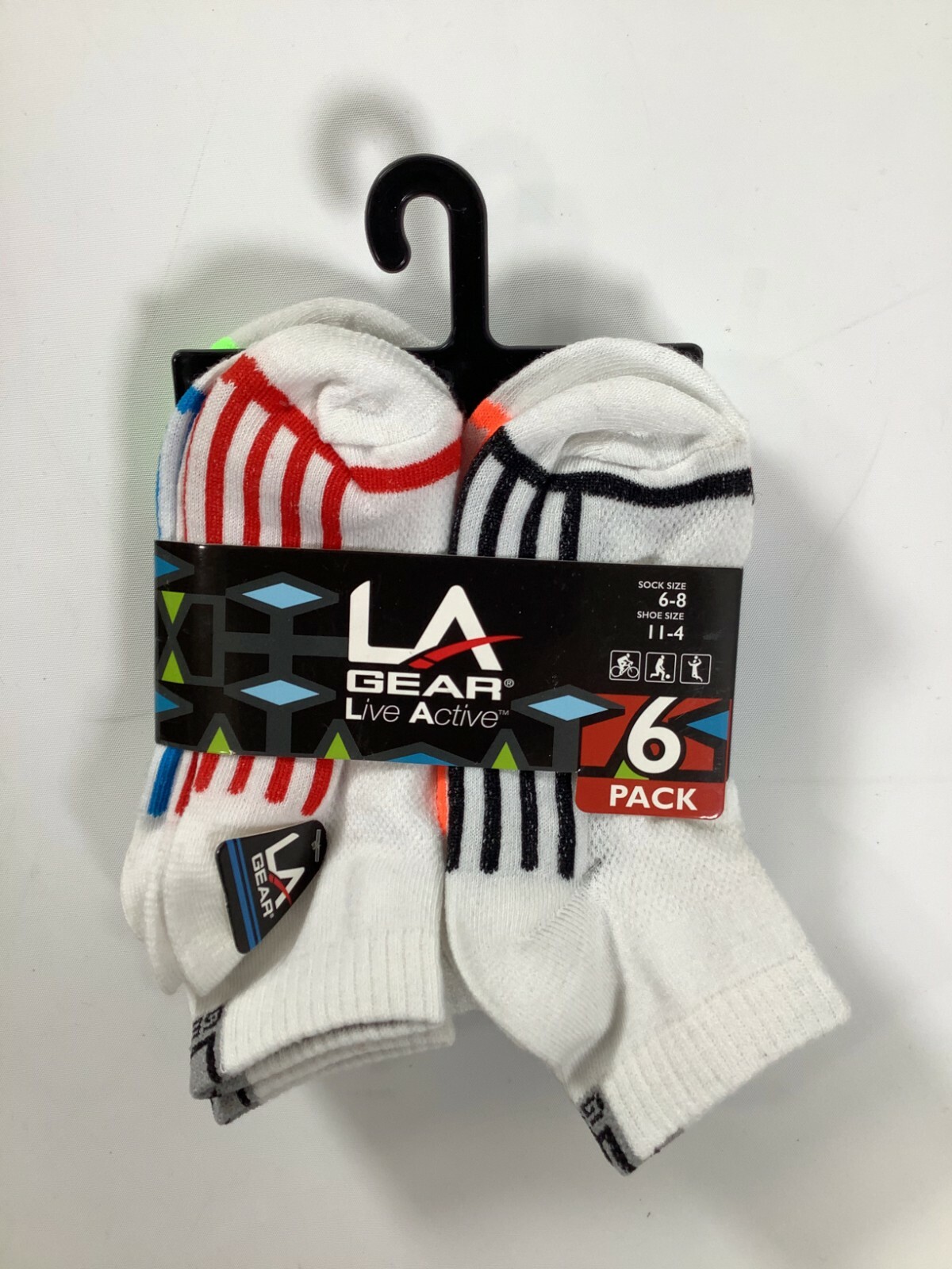 Boys LA Gear White Multicolor Stripes Ankle Socks Size 6-8 6 pack NEW! - Picture 1 of 2