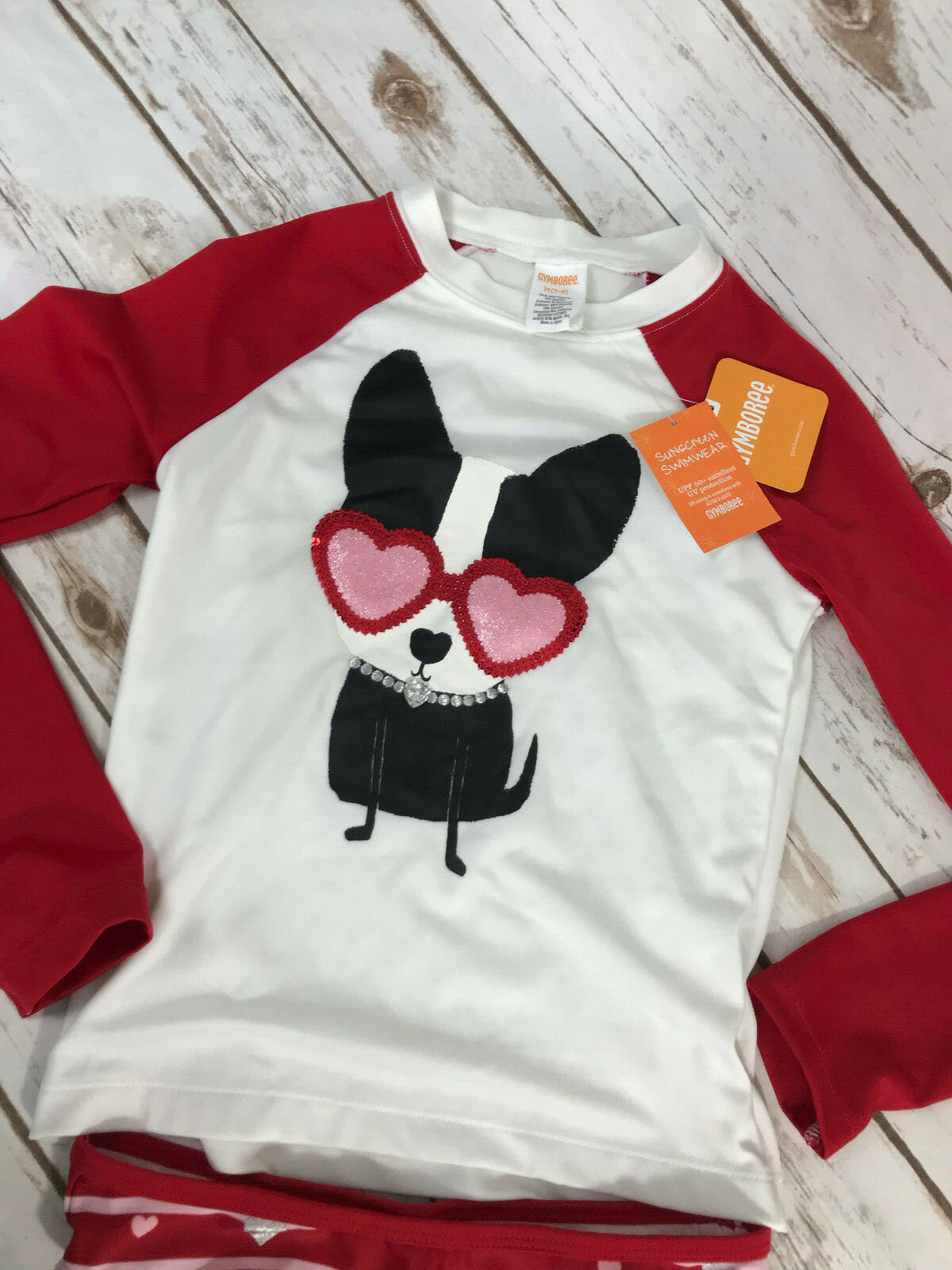 NWT Gymboree Girls 7 8 Love Dog Rash Guard Swimsuit Set Puppy Hearts Rhinestones