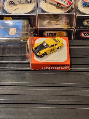 Porsche Carrera #158 Yellow HO Slot Car Tyco Chassis Vintage RUNS LIGHTS GREAT