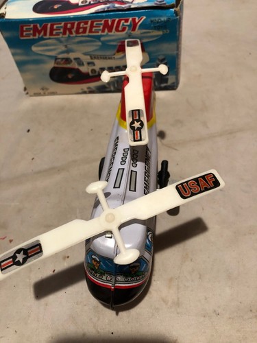 Vintage Tin Wind Up Toy Emergency Helicopter HR833 USAF White Collectible
