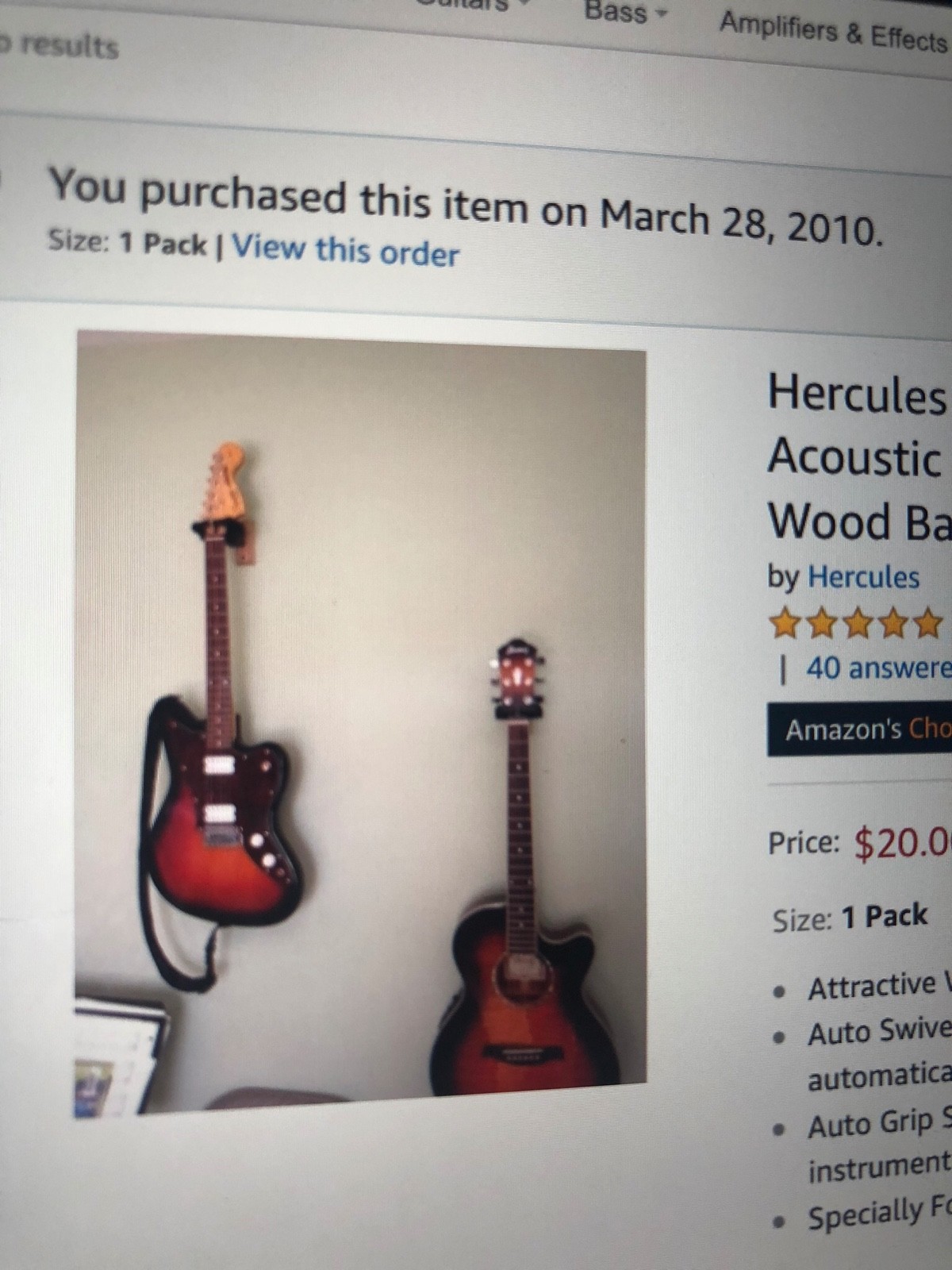 Hercules GSP38WB Mountable Guitar Wall Hanger w/ Wood Base and Auto Grip System