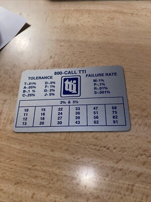TTI Tolerance/Failure Chart Card. 2  X 3 . NOS