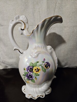 Gorgeous Beige & Gold  Picture w/ Handles Purple & Yellow Pansies 8'' 