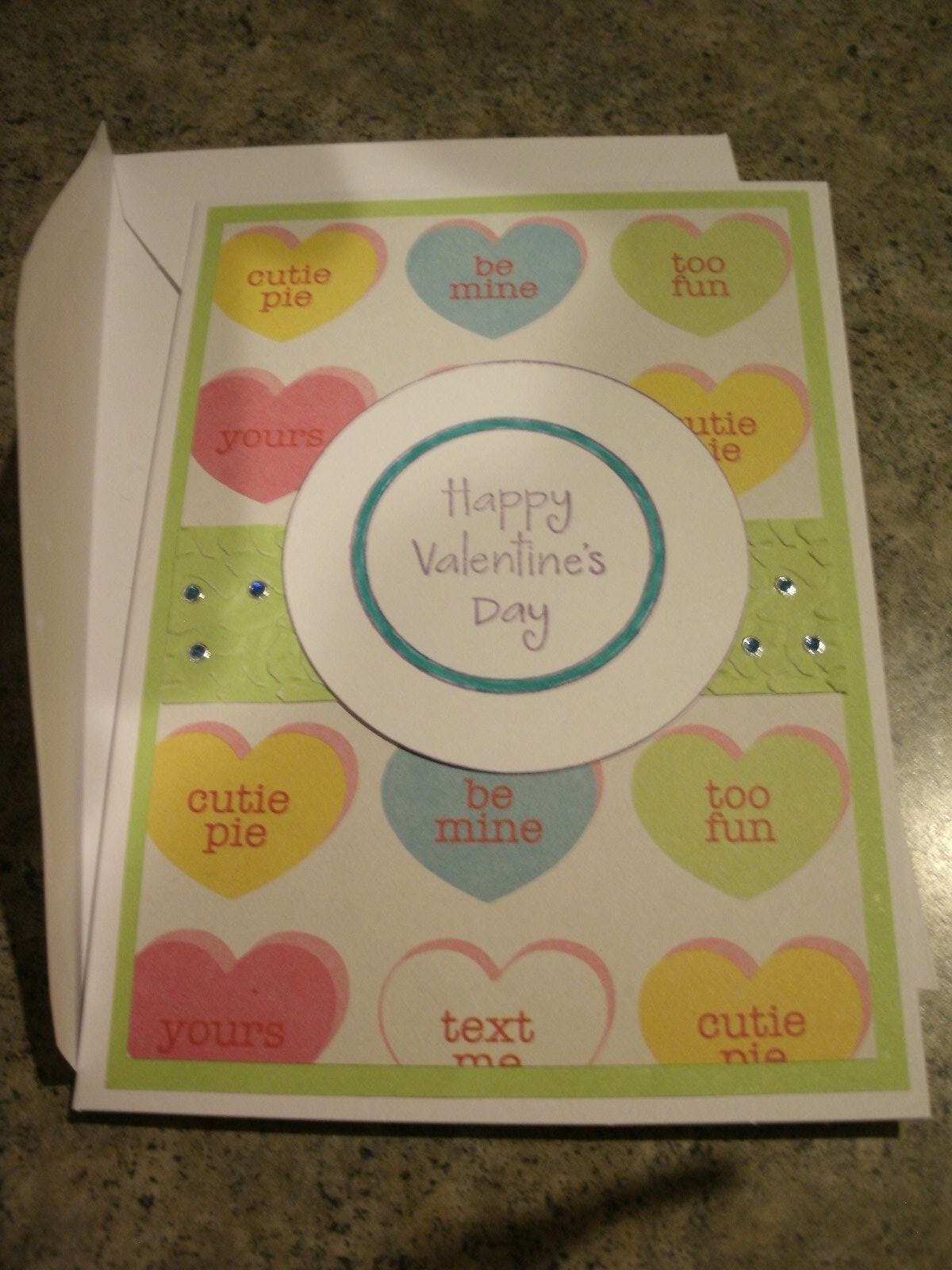Conversation Heart/Valentine Handmade Card & Envelope, 6 blue Jewel Dazzles