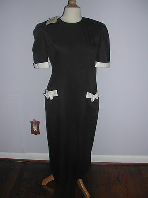 Katie MFG short sleeve Black Dress, Sz 9-10, NWT, Rayon, below knee, white bows