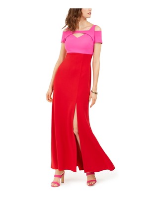 

NIGHTWAY Женское красное платье макси с прямым вырезом и разрезом спереди и короткими рукавами, Красный