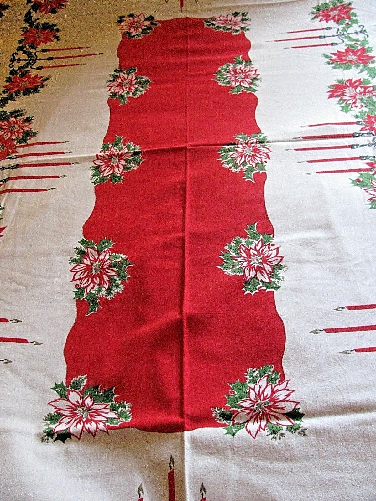 Vintage CHRISTMAS Tablecloth Red Center Red Poinsettia Candles 93