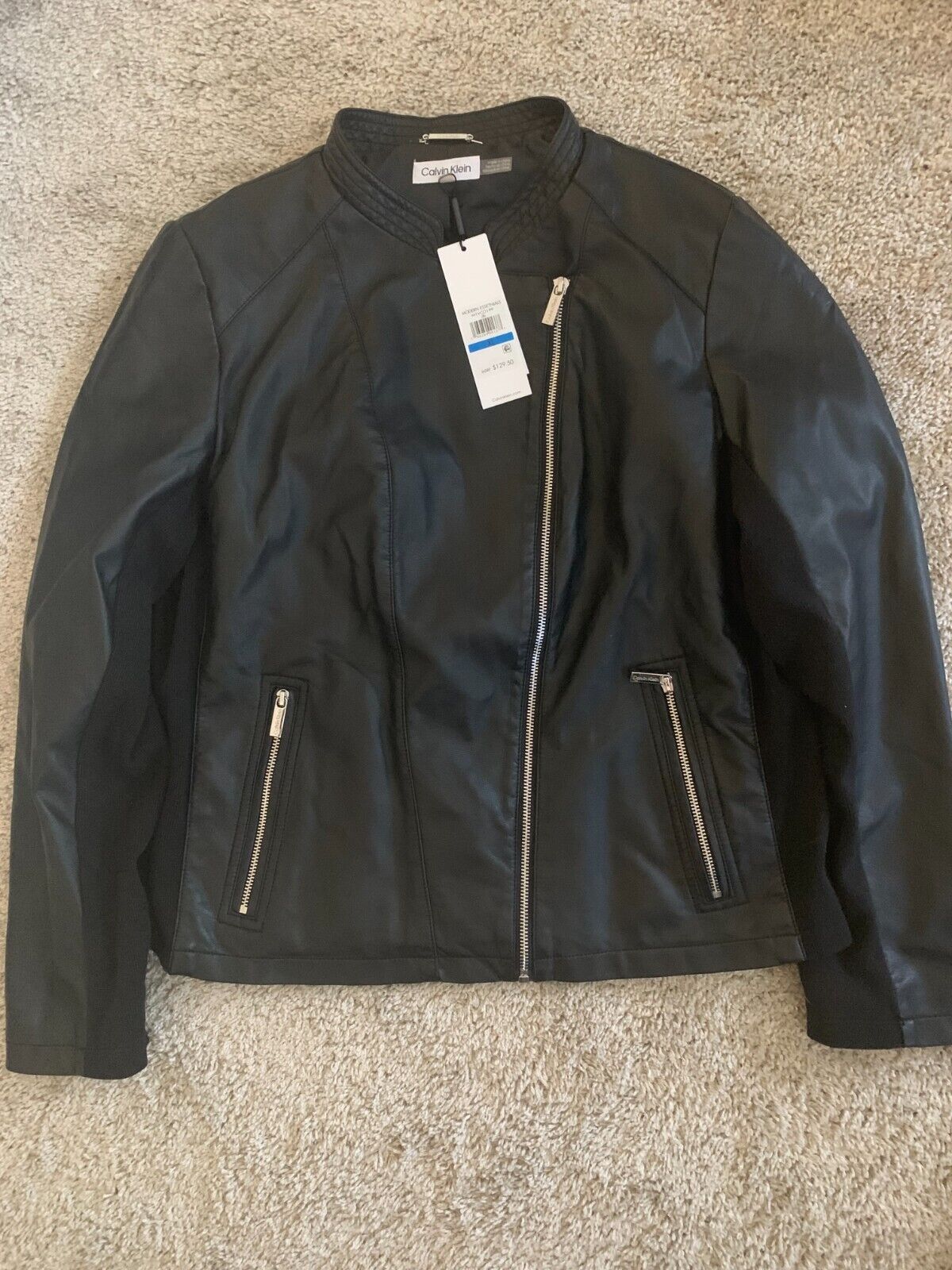 Calvin Klein Faux Leather Cropped Biker Jacket Black Womens Calvin Klein Faux Leather Cropped Biker Jacket Black Womens