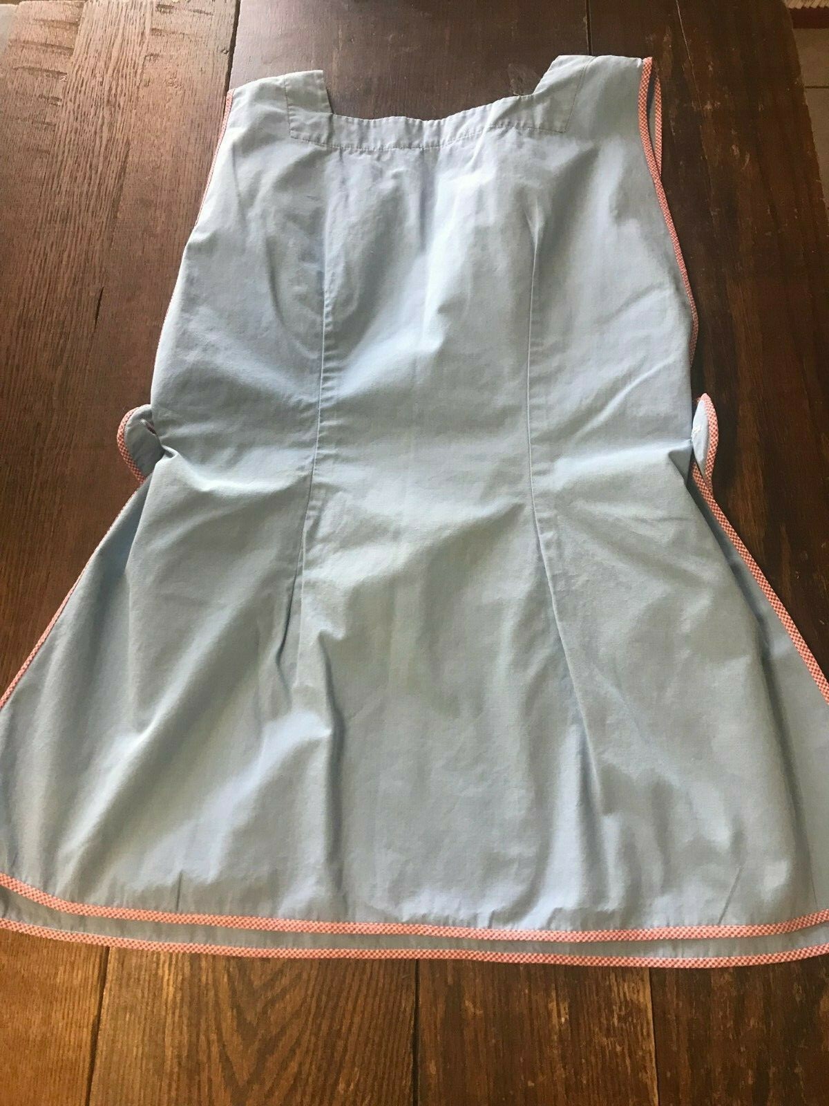 Darling Vintage Blue Smock Granny Craft Apron Red Gingham Trim Flower Pocket