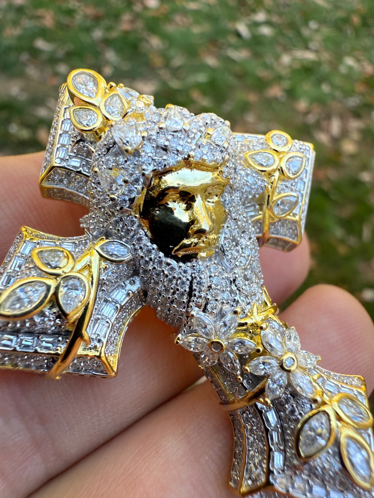Pre-owned Hip Hop Moissanite 3d Cross Jesus Face Pendant Iced Necklace Real 925 Silver / 14k Gold In White