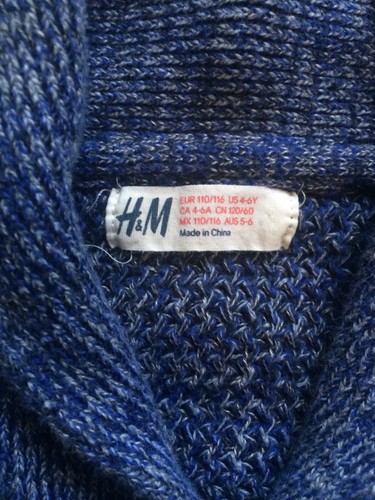 H & M Boys Girls Unisex Sweater Cardigan Blue 4-6 Yr Collar Chunky Cotton c25