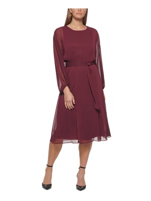 

Платье миди прямого кроя DKNY Womens Maroon Self Tie с эластичными манжетами и пышными рукавами миди